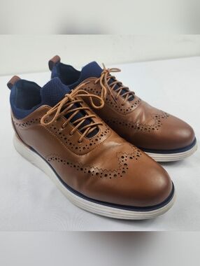 Men's Bruno Marc 11 M Brown Leather Wingtip Derby Shoes with Navy Knit Collar